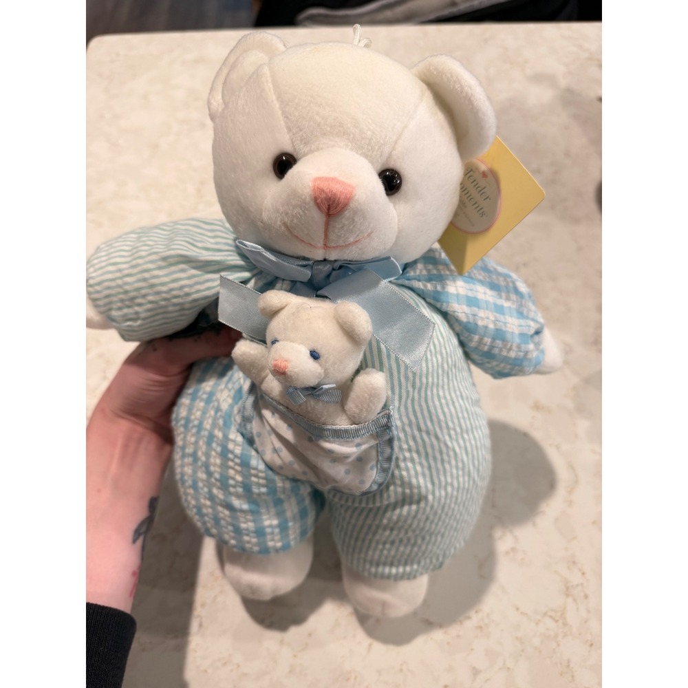 Vintage Russ Berrie Tender Moments Tubbs White Bear Blue Gingham Plush Toy 3844